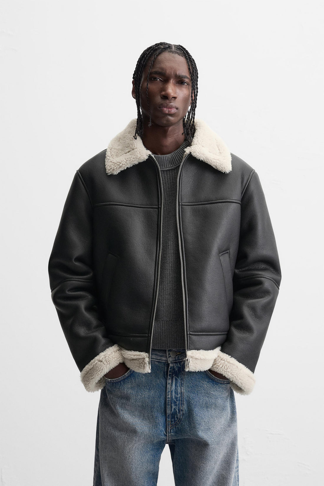 Relaxed fit Leather Fur Shearling Jacket with a contrasting Faux