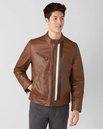 Adam Racer Leather Jacket With Multi Stripe