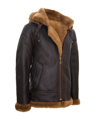Men's B3 Sheepskin With Detachable Hood Leather Jacket Brown