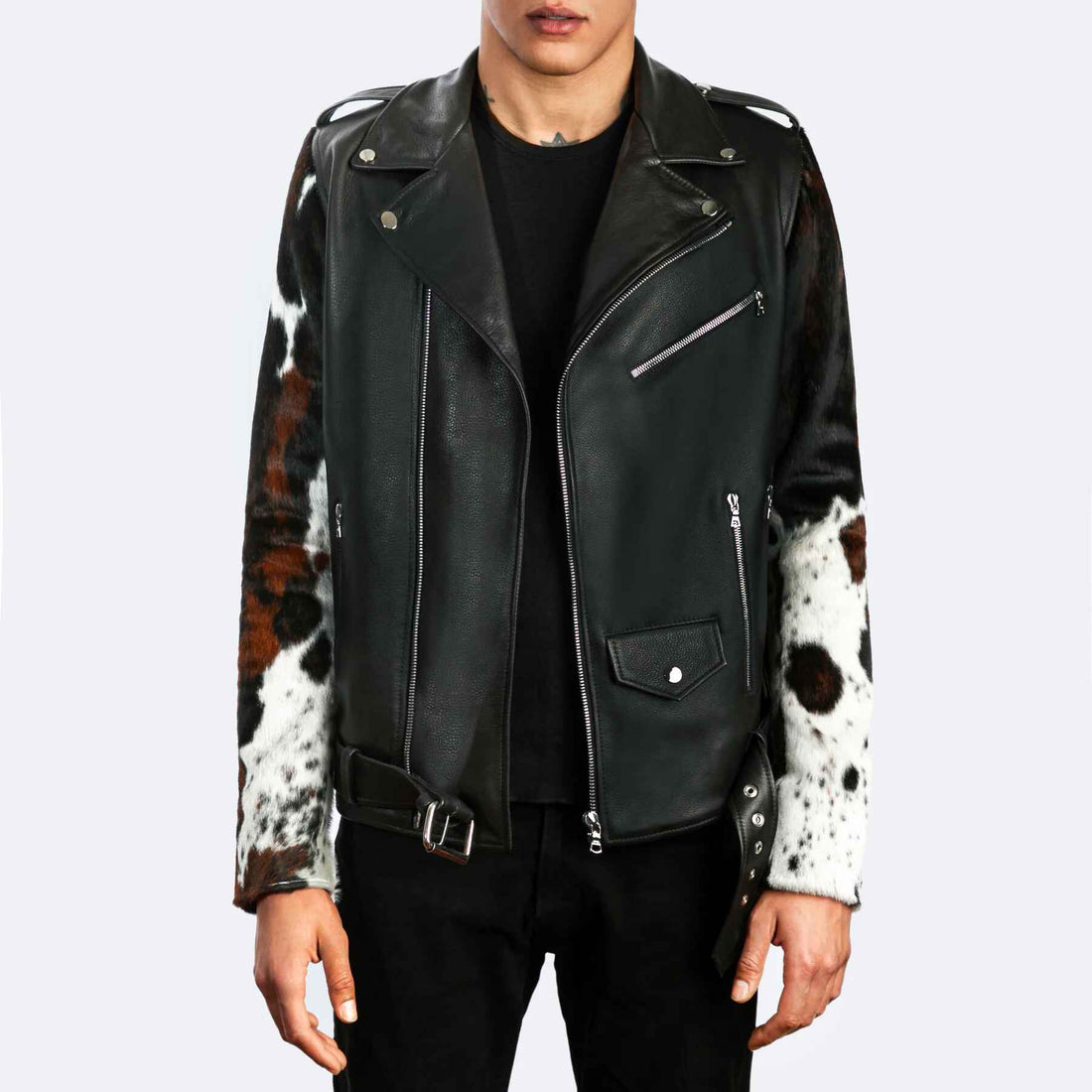 Men's Prince Shoulder Snaps Belted Cowhide Leather Jacket