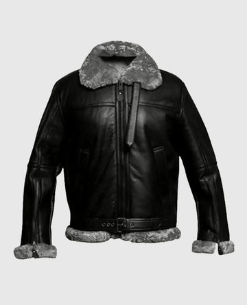 Men's FUR Aviator Flying Pilot Bomber Black Jacket