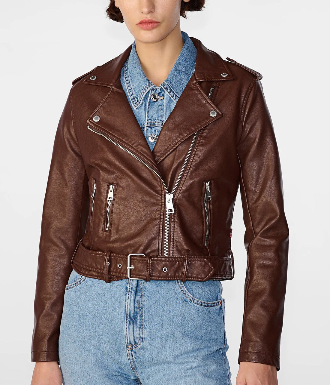 Women's Faux Leather Jacket In Chocolate Brown & Sage