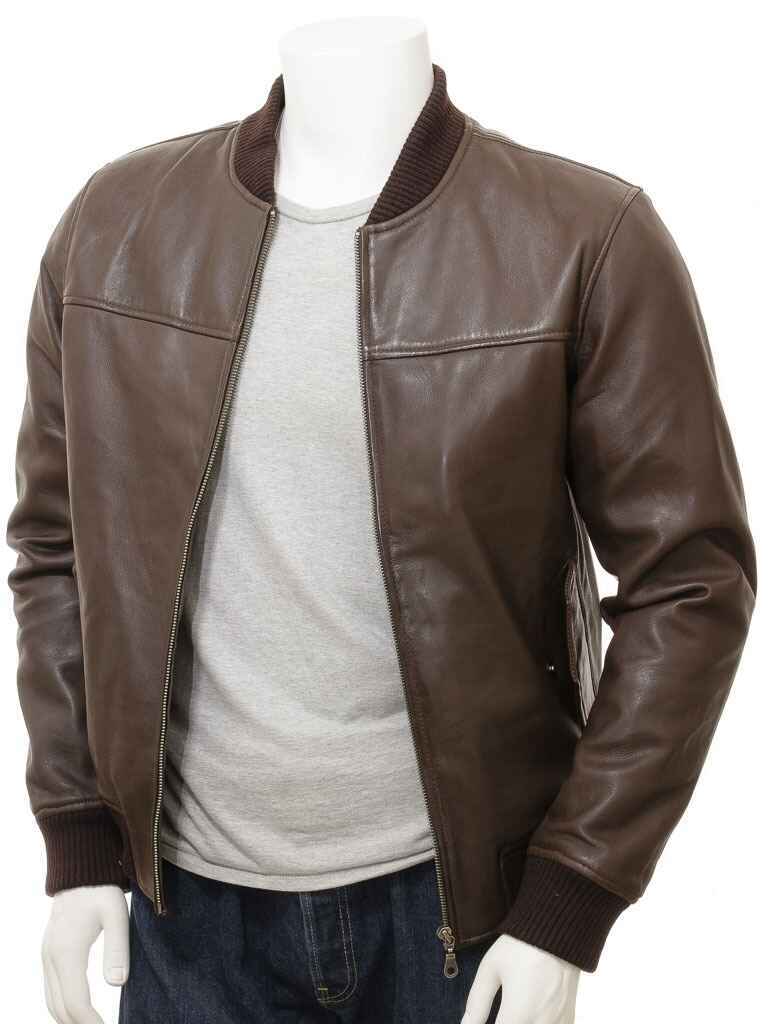 Chaqueta bomber de cuero marrón para hombre