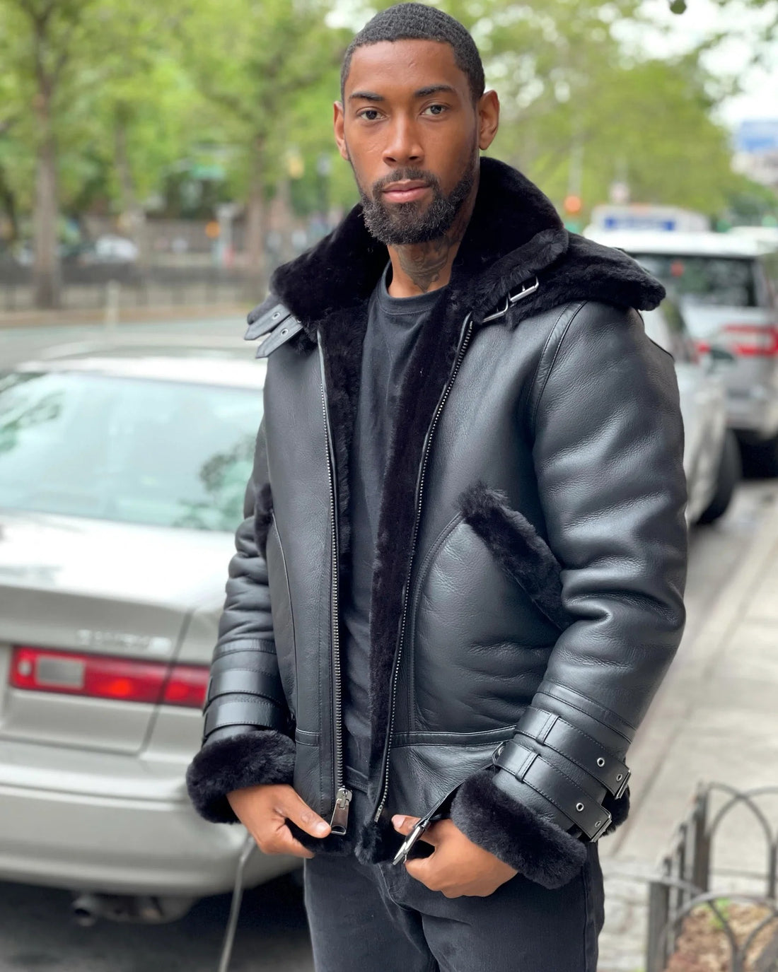 MEN's SHEARLING- BLACK AVIATOR DOUBLE COLLAR