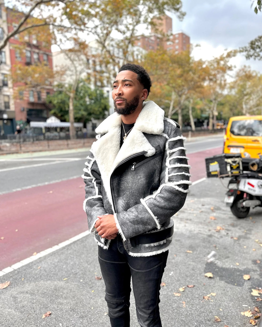 MEN's SHEARLING- DISTRESSED GREY BIKER SHEARLING WITH FUR RIBBLES