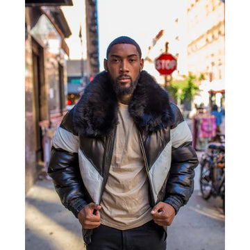 Men's Black & White V Bomber Jacket with Black Fur Collar