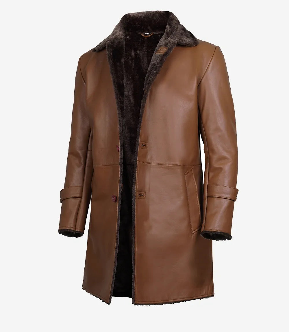 Men's 3/4 Length Cognac Shearling Leather Coat