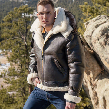 Men's B-3 Hooded Sheepskin Fur Bomber Leather Jacket
