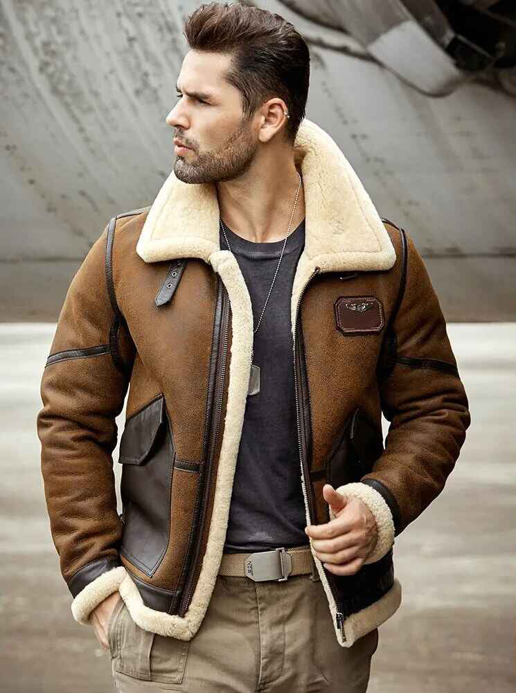 Men's B3 Airforce Flight Fur & Shearling Leather Jacket in Grey