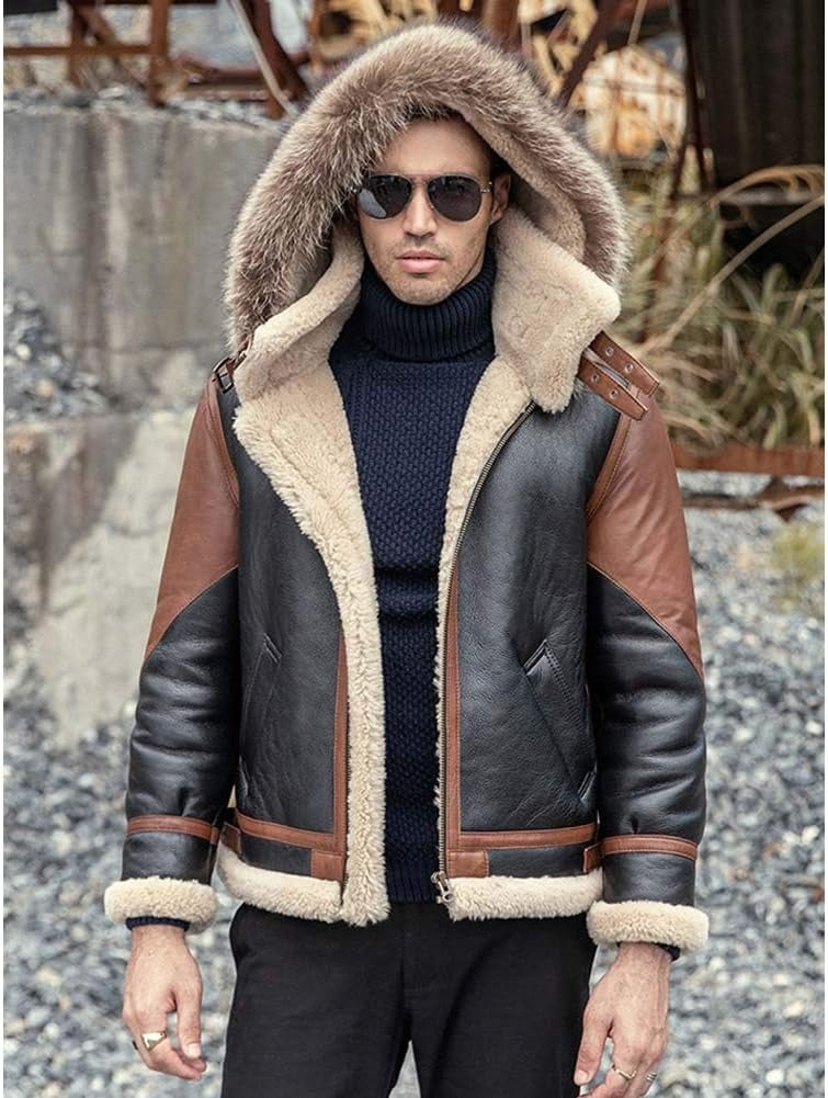 Men's B3 Bomber Shearling Leather Jacket Removable Hooded