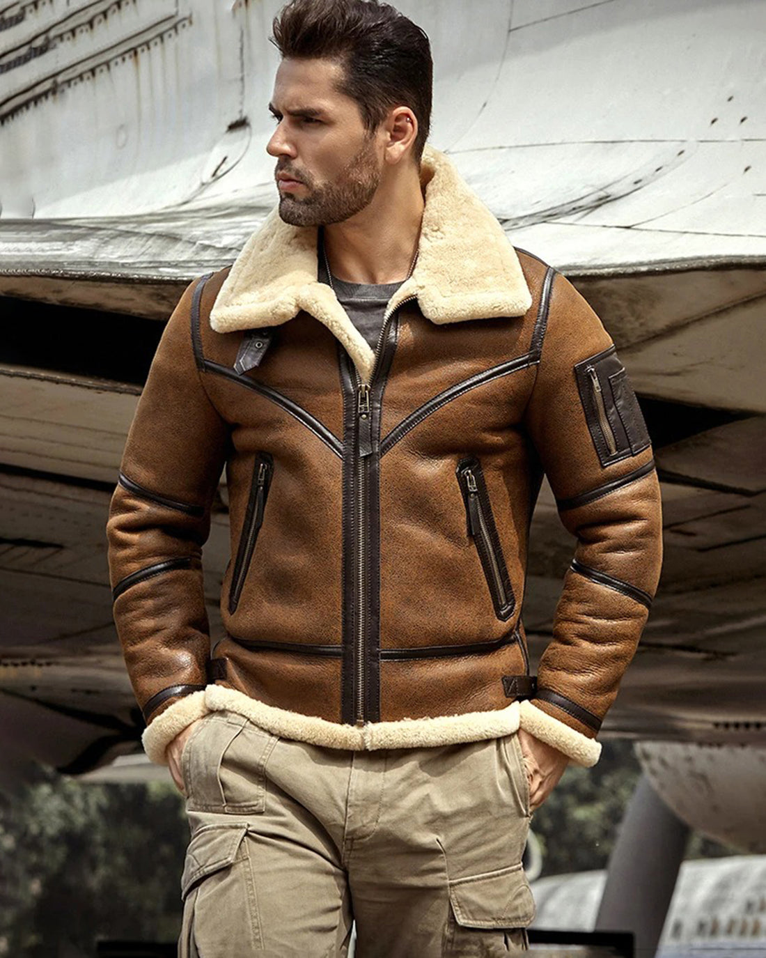 Men's B3 Flight Fur & Shearling Leather Jacket in Brown