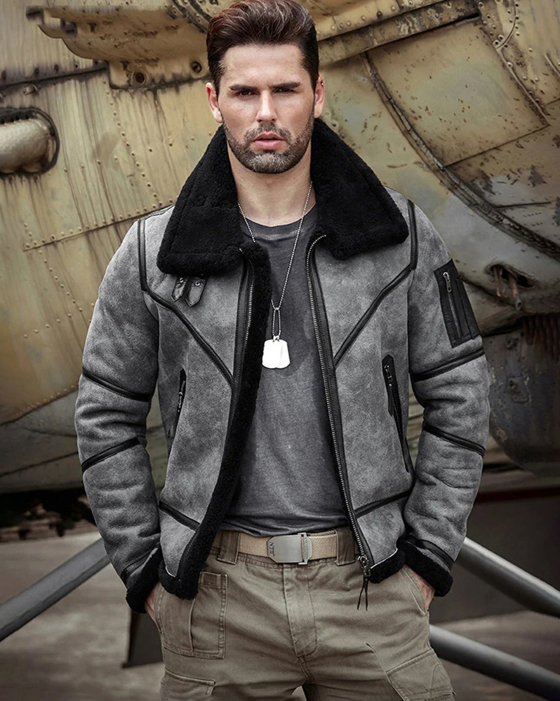 Men's B3 Flight Fur & Shearling Leather Jacket in Grey