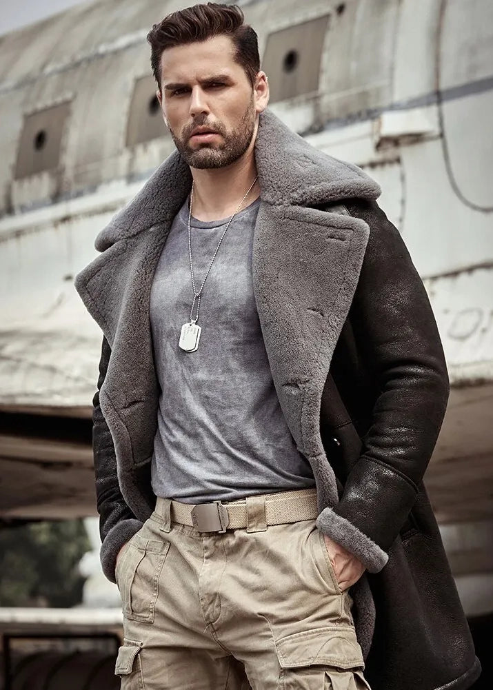 Abrigo largo de invierno de piel de oveja y borrego B3 Flight para hombre en negro