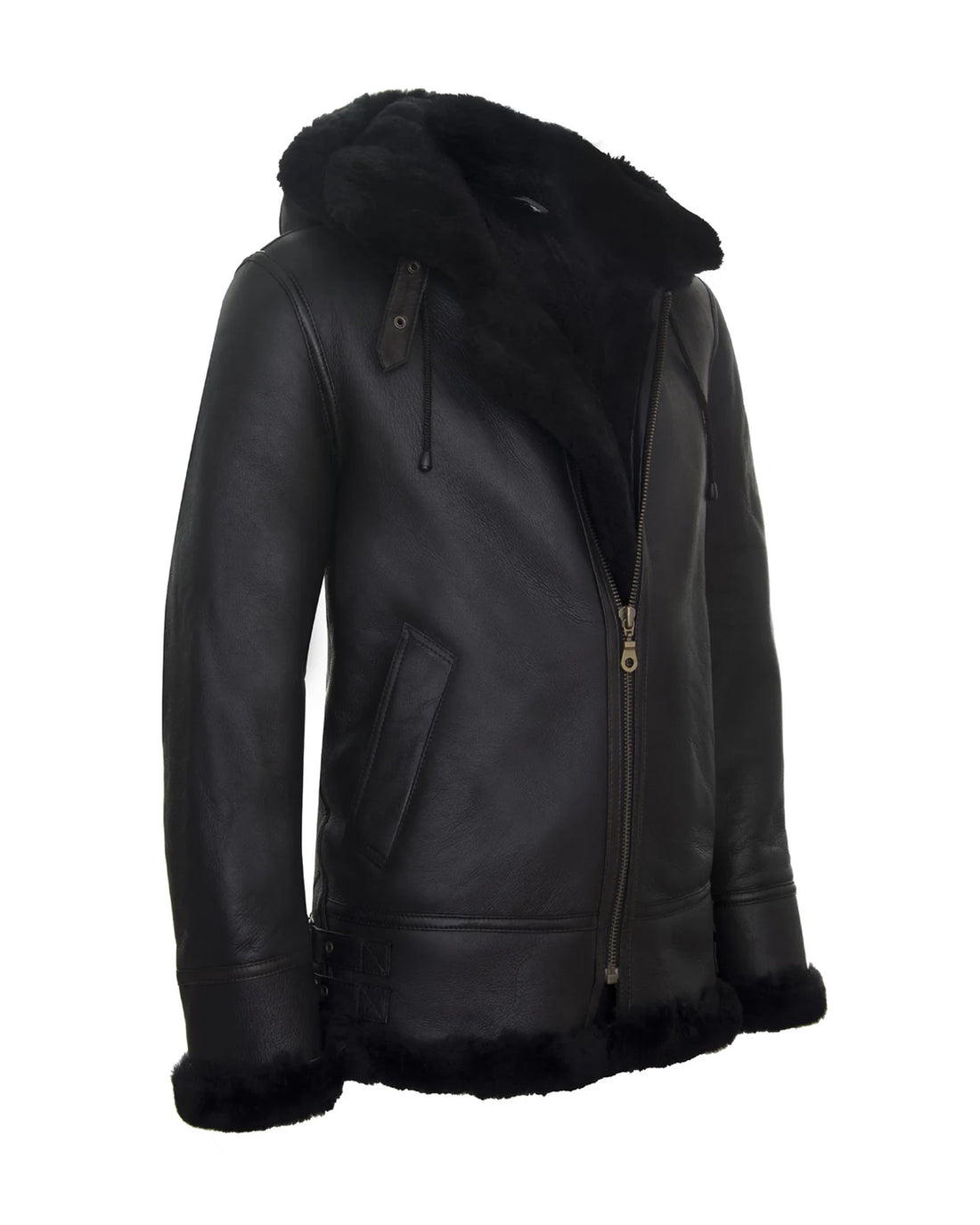 Men's B3 Sheepskin With Detachable Hood Leather Jacket Black