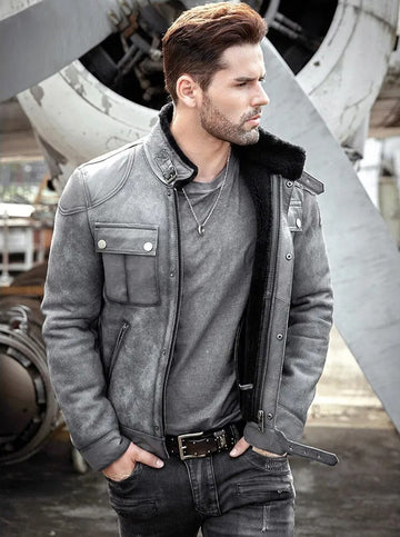 Men's B3 Winter Fur & Shearling Leather Jacket in Grey