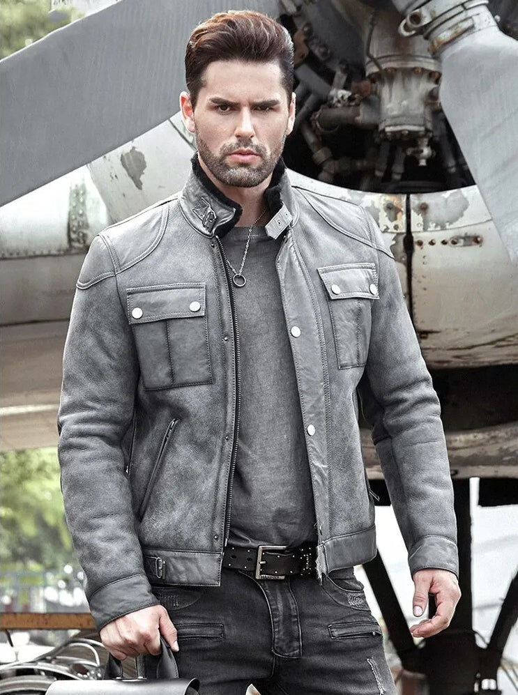 Men's B3 Winter Fur & Shearling Leather Jacket in Grey