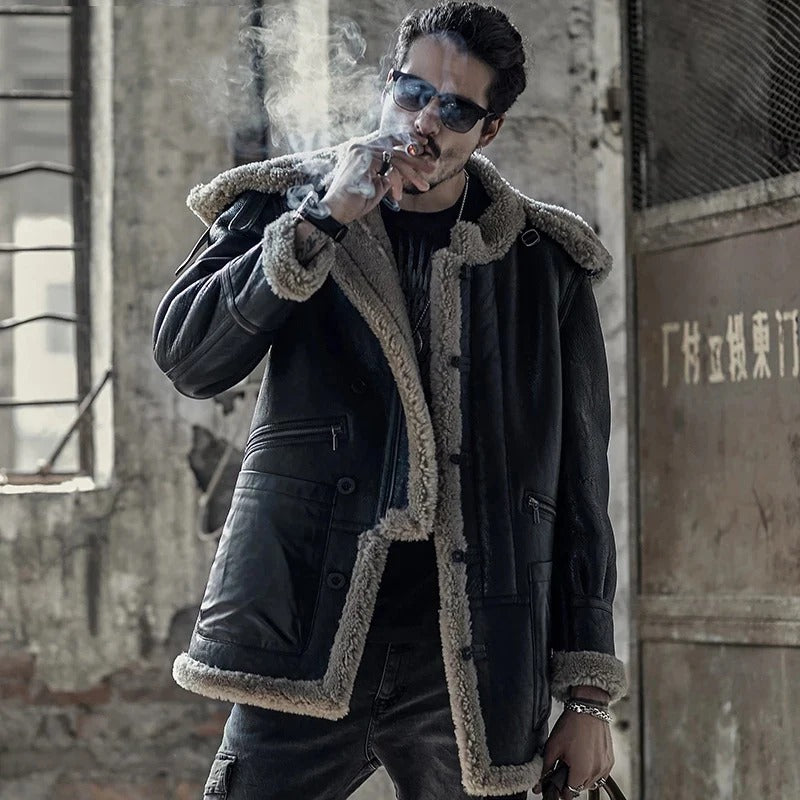 Chaqueta de piel de oveja gris B7 para hombre con capucha extraíble