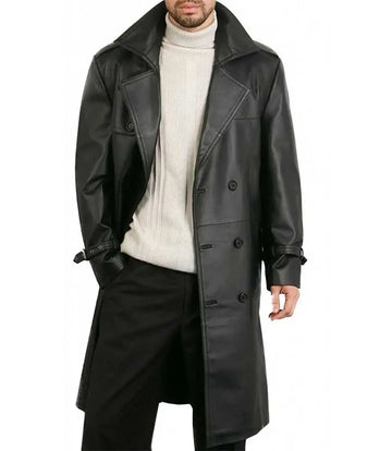 Schwarzer Leder-Trenchcoat mit Gürtel für Herren, zweireihig