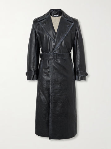 Men's Belted Paneled Leather Trench Coat