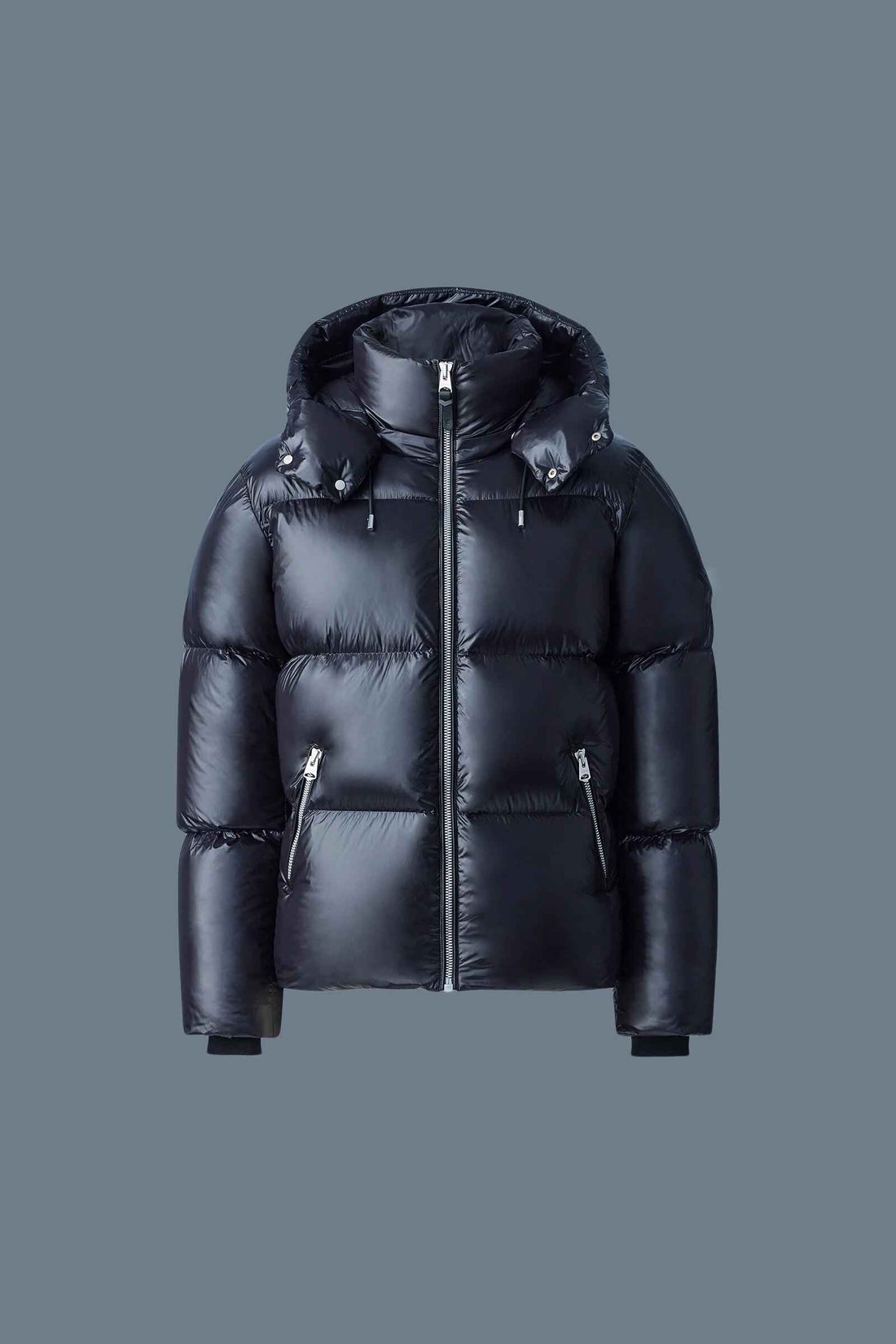 Schwarze Daunenjacke mit verstellbarem Saum und Relax-Fit-Passform für Herren in normaler Tannenholz-Steppung