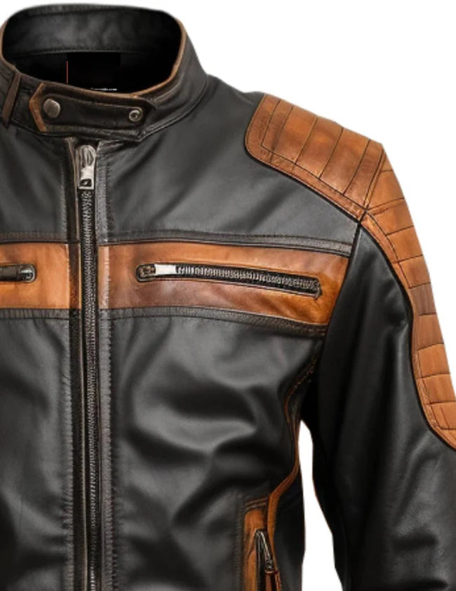 Men's Black Buttoned Cuffs Leather Motorcycle Jacket
