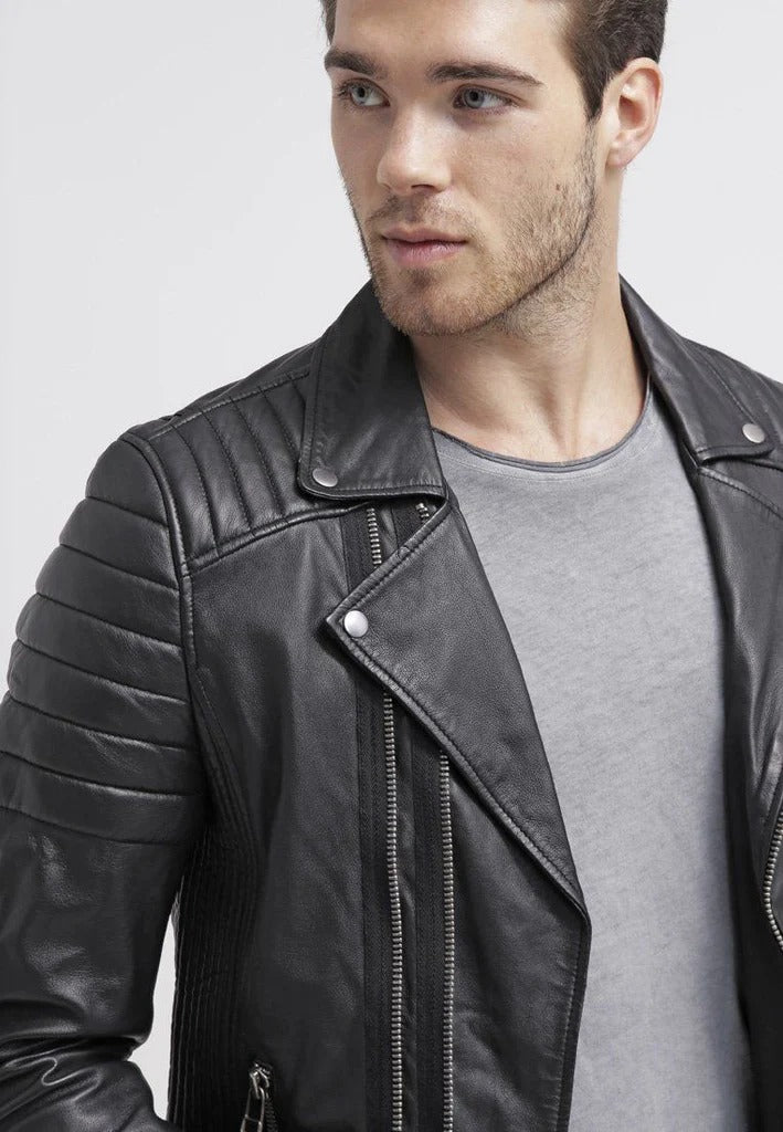 Men's Black Comfortable Fit Real Lambskin Leather Motorcycle Jacket