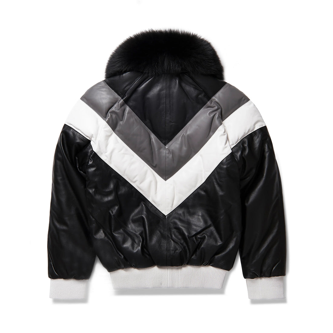 Schwarze V-Bomber-Lederjacke aus Schaffell mit abnehmbarem Fuchspelzkragen für Herren