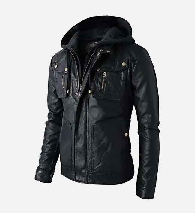 Chaqueta de motociclista de cuero negra con capucha desmontable para hombre
