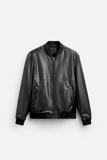 Men's Black Faux Leather Bomber Jacket with Long Sleeves