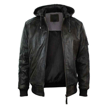 Men's Black Hooded Bomber Leather Jacket