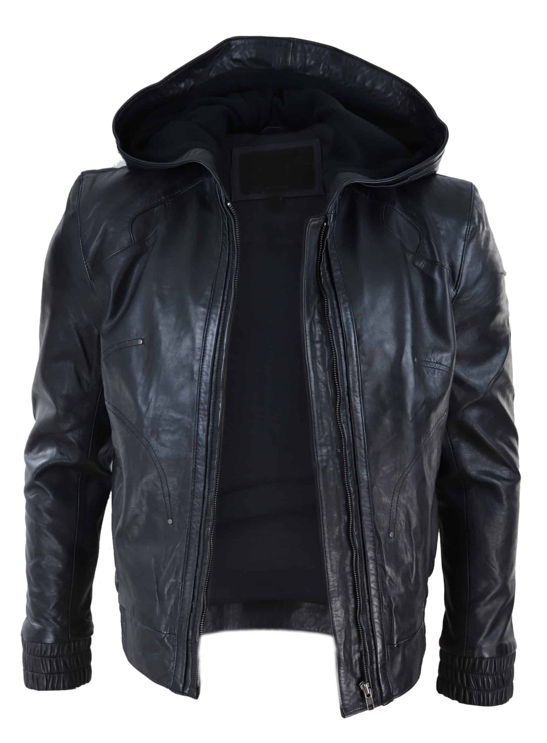 Chaqueta bomber de cuero negra con capucha para hombre
