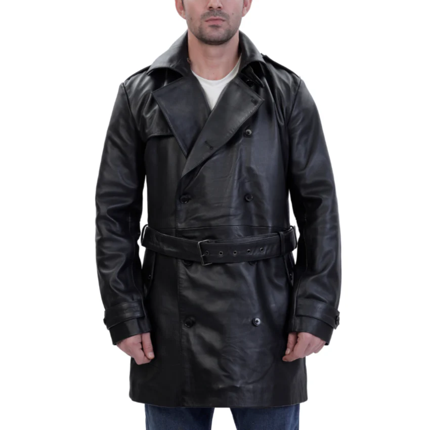 Men's Black Leather Belted and Double Breasted Trench Coat