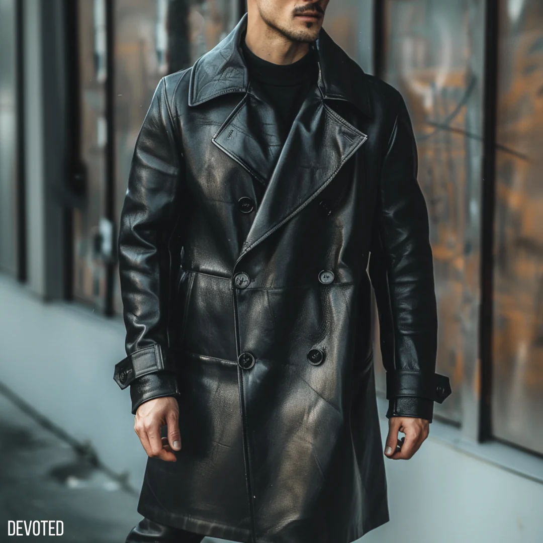 Men's Black Leather Trench Long Coat
