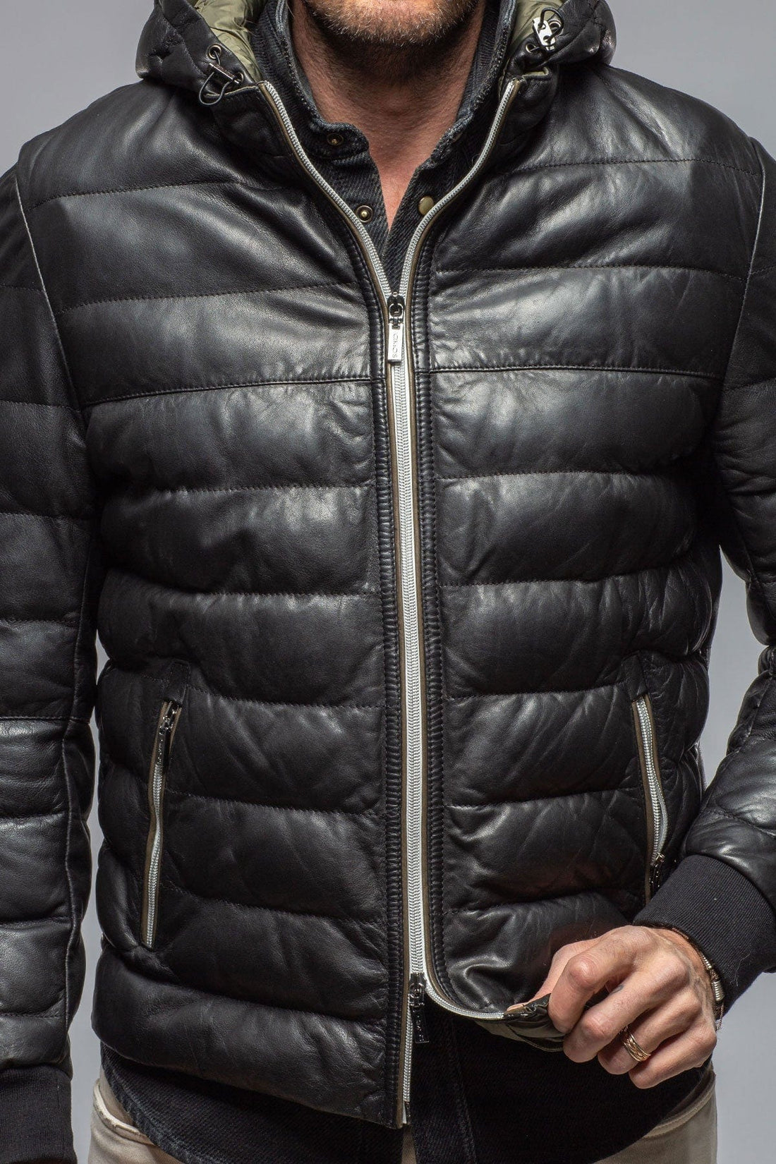 Schwarze Loki Puffer-Lederjacke für Herren