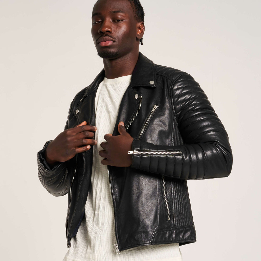 Men’s Black Quilted Ribbed Sleeves Leather Biker Jacket