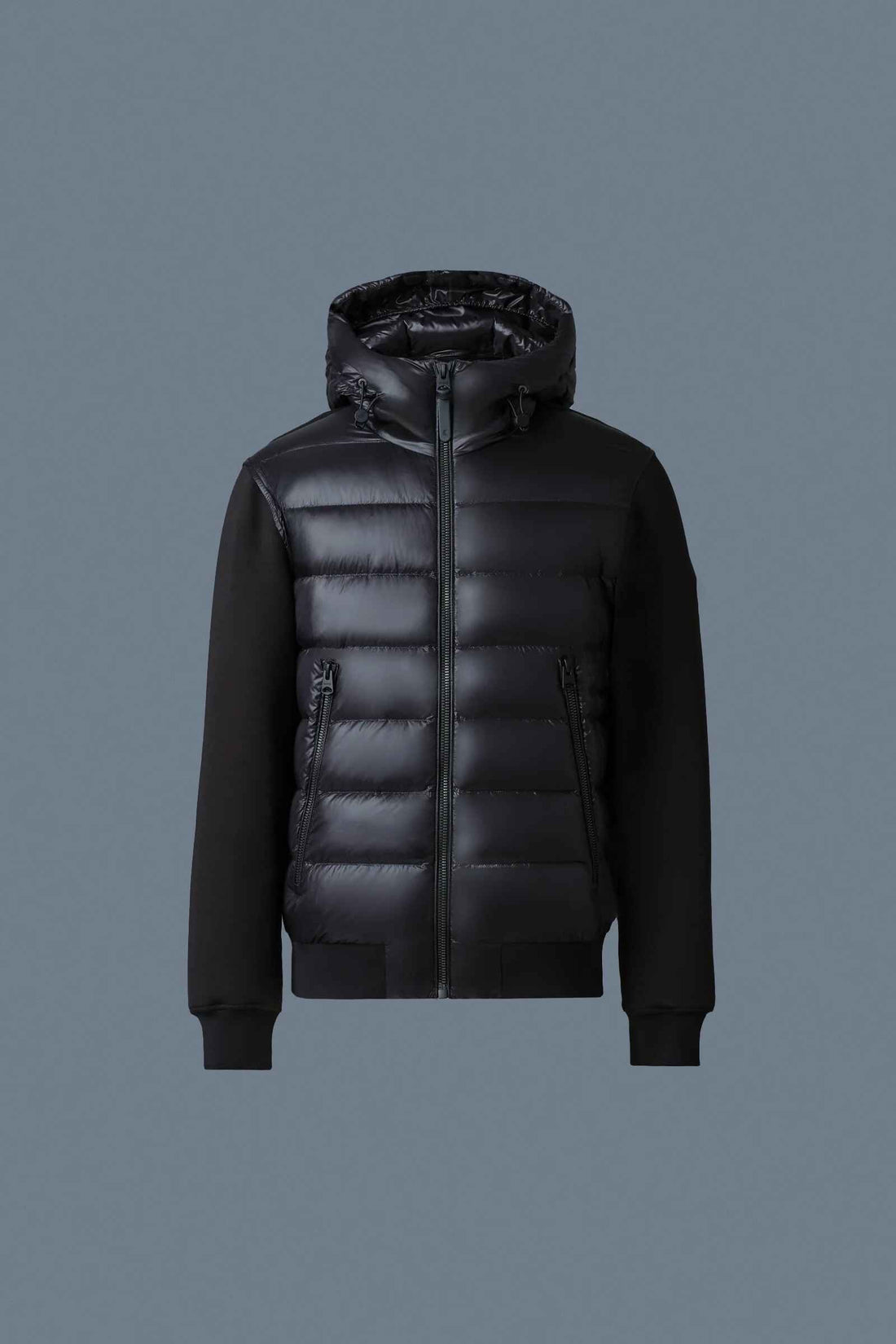 Schwarze Hybrid-Pufferjacke mit Kapuze in regulärer Passform für Herren