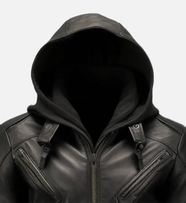 Chaqueta de moto de cuero con capucha y cremallera negra para hombre