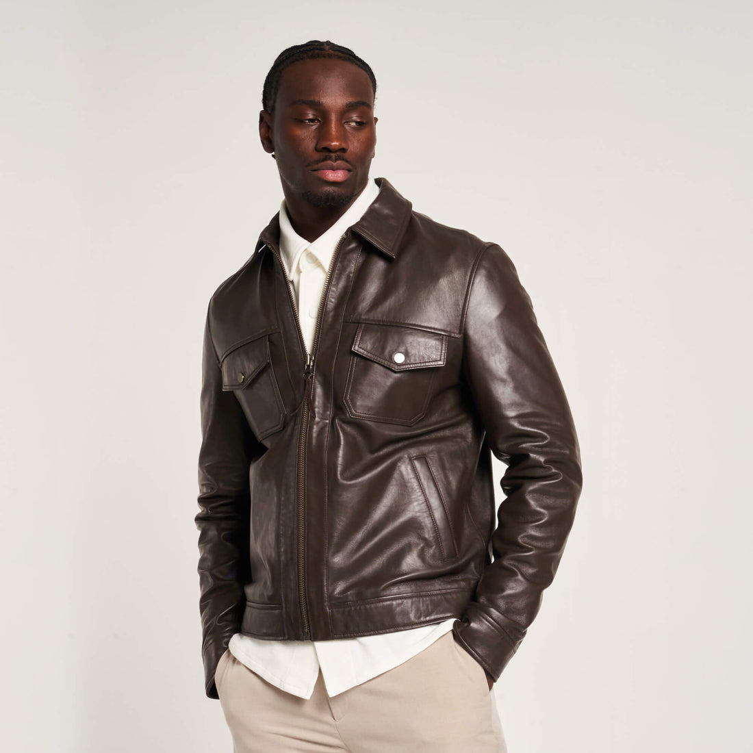 Men’s Brown Leather Patch-Pocket Jacket