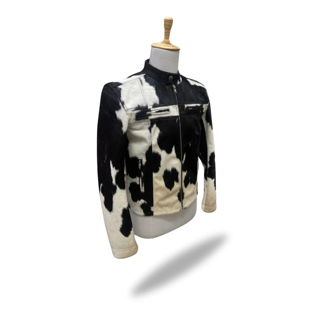 Men's Buttoned Collar Cow Hide Leather Jacket