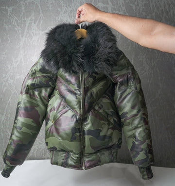 Men's Camo 100% Duck Down Real Fur Collar V-Bomber Sheepskin Leather Jacket