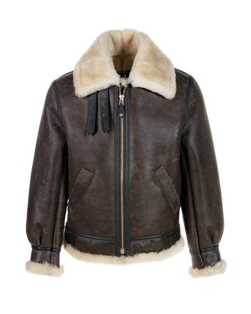 Men's Classic B-3 Sheepskin Leather Bomber Jacket Brown / Beige