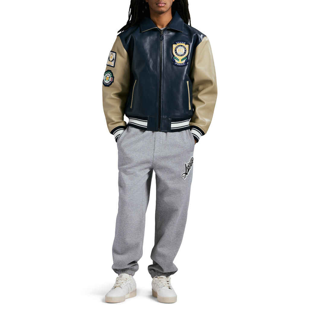 Herren-College-Lederjacke mit Kontrastärmeln