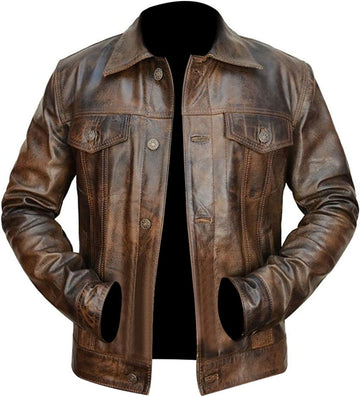 Men's Distinctive Distressed Brown Trucker Jacket Vintage Style Leather Jacket
