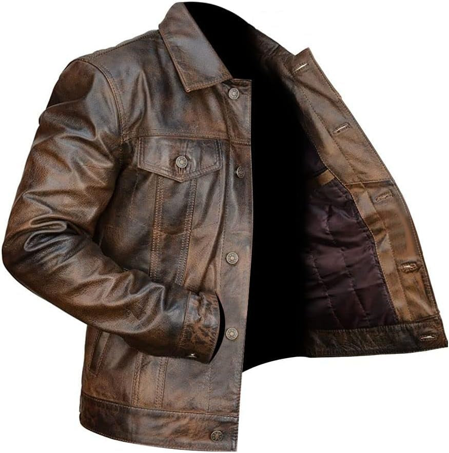 Herren Distinctive Distressed Braun Trucker Jacke Vintage Stil Lederjacke