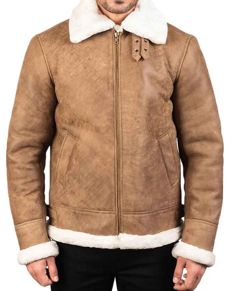 Chaqueta de piel de oveja marrón desgastada para hombre