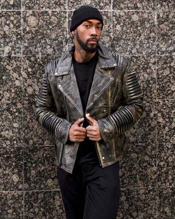 Men's Distressed Gold Biker Leather Jacket