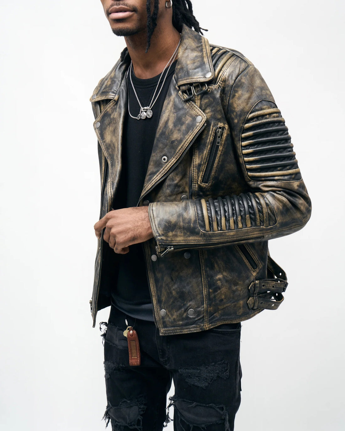 Men's Distressed Gold Biker Leather Jacket