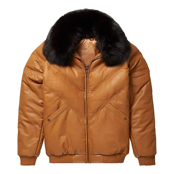 Men's Double Goose Puffer Fox Fur Collar Lambskin Leather V-Bomber Jacket