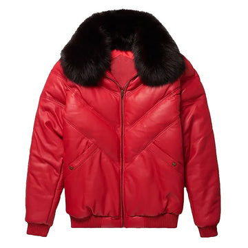 Men's Double Goose Puffer Fox Fur Collar Lambskin Leather V-Bomber Jacket