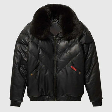 Men's Double Goose Puffer Fox Fur Collar Lambskin Leather V-Bomber Jacket
